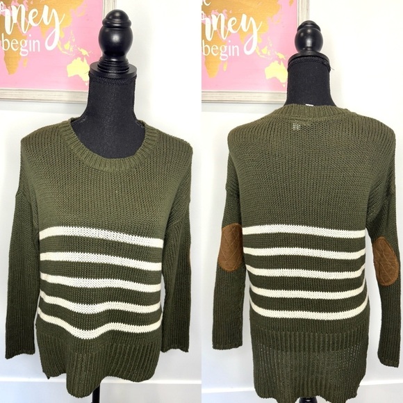 Alya Olive Green Elbow Patch Stripe Knit High-Lo Women’s Sweater (S) - Picture 1 of 7